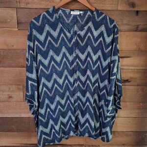 Masai Zig Zag Button Frony Blouse Top SZ Large  Blue White Vicose Boxy Fit Boho